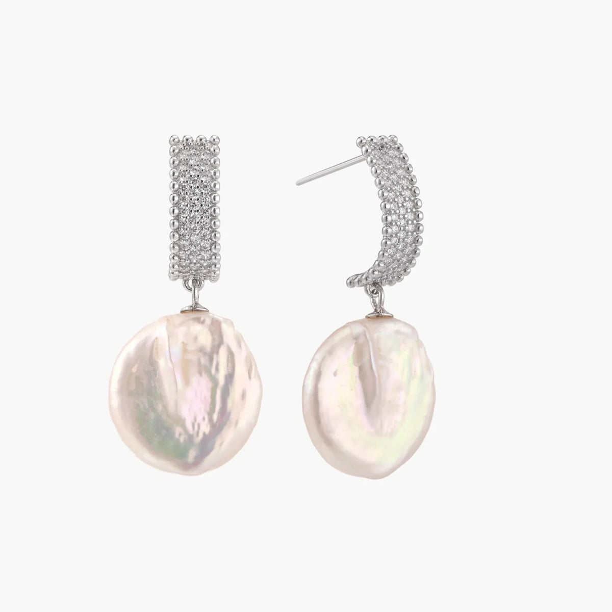 Rhodium-plated silver curved stud with pave stones and baroque pearl drop on white background