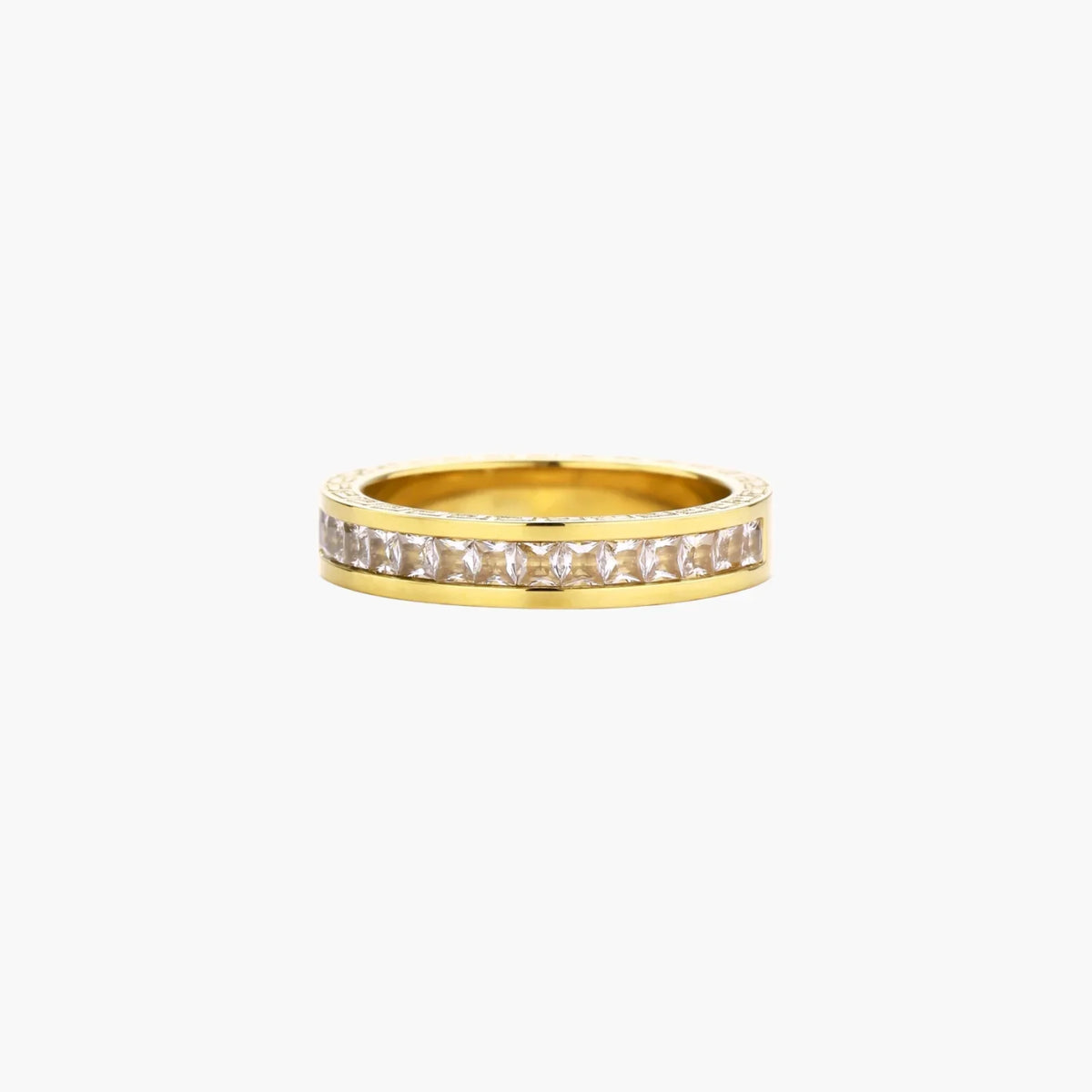 14K gold-plated band with channel-set zirconia and Greek key pattern engraving on polished finish