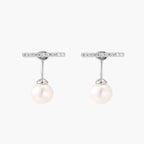 Rhodium-plated sterling silver ear jacket earrings with diamond-set horizontal bar and freshwater pearl drop