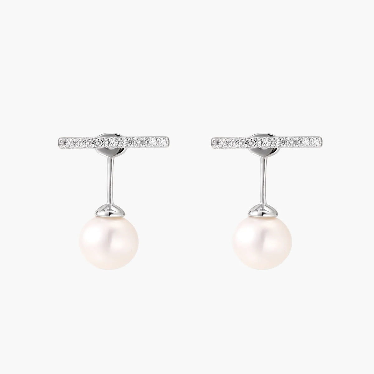 Rhodium-plated sterling silver ear jacket earrings with diamond-set horizontal bar and freshwater pearl drop