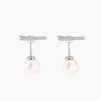 Rhodium-plated sterling silver ear jacket earrings with diamond-set horizontal bar and freshwater pearl drop