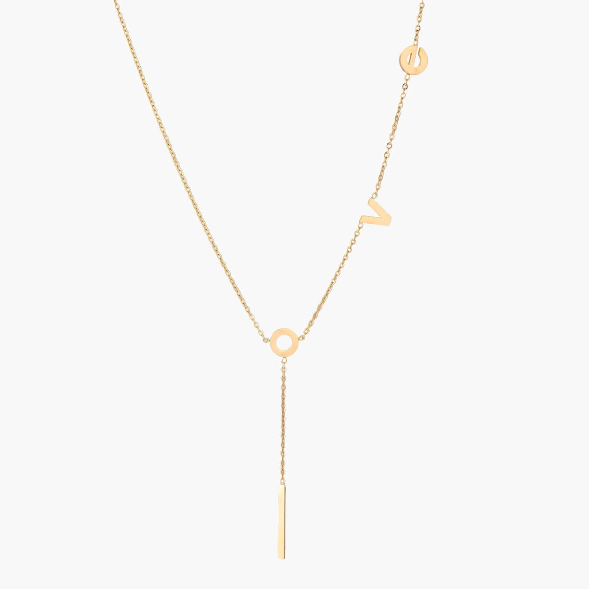Gold Y-shaped necklace with L-O-V-E letter charms and vertical bar pendant on delicate chain against cream background