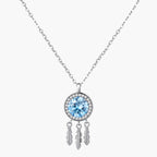 Sterling silver dreamcatcher pendant with blue moissanite center and three feather charms on adjustable chain.