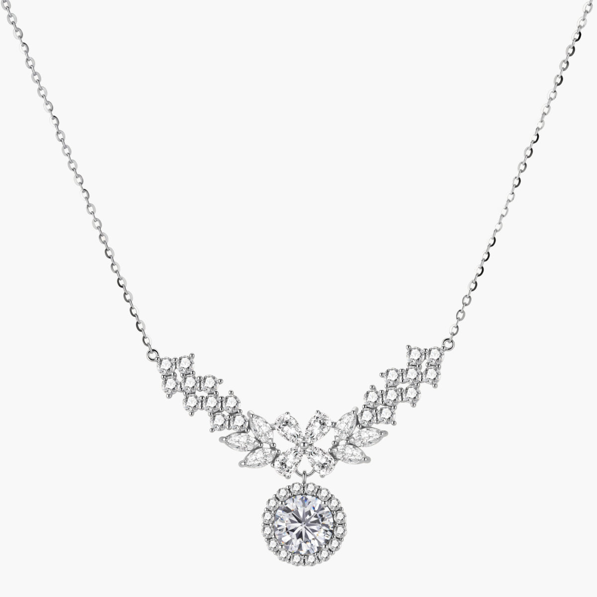 Elegant sterling silver necklace featuring intricate wing-like design with brilliant moissanite stones on neutral background.