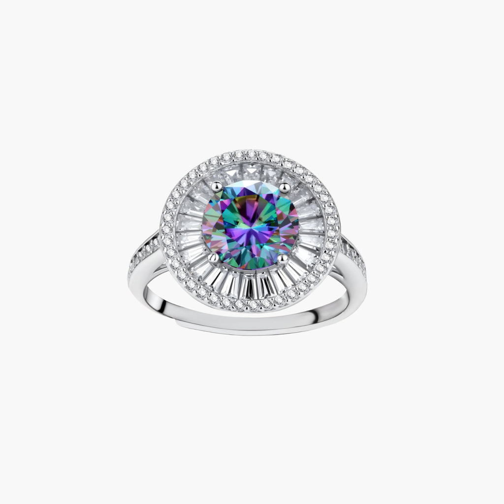 Close-up of sterling silver halo ring with round rainbow moissanite center stone surrounded by baguette-cut stones