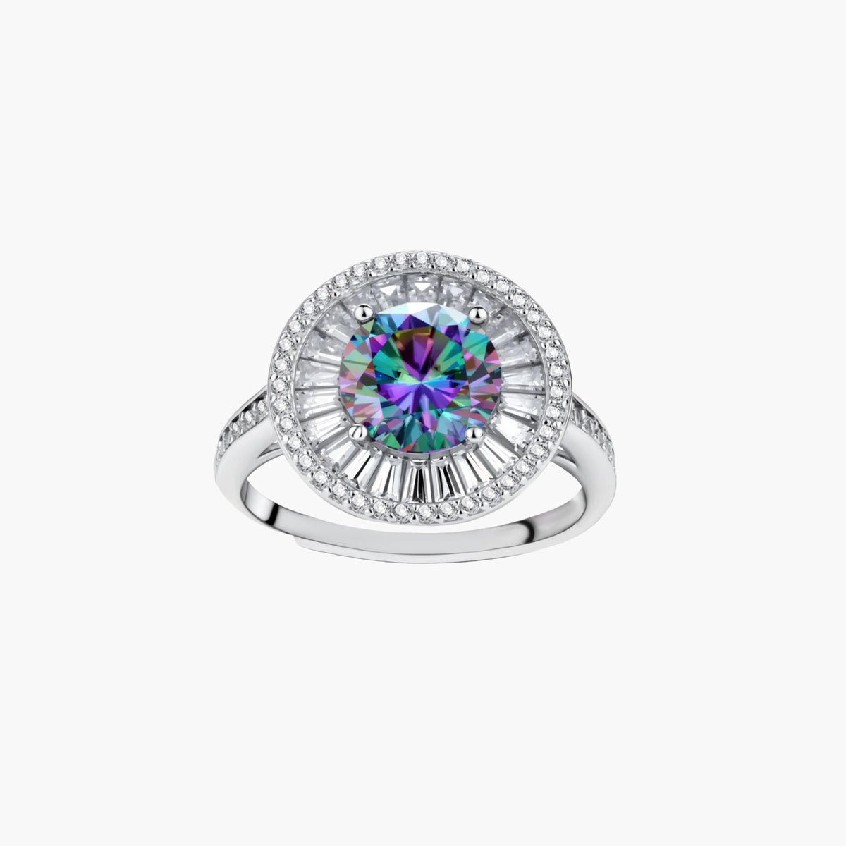 Close-up of sterling silver halo ring with round rainbow moissanite center stone surrounded by baguette-cut stones