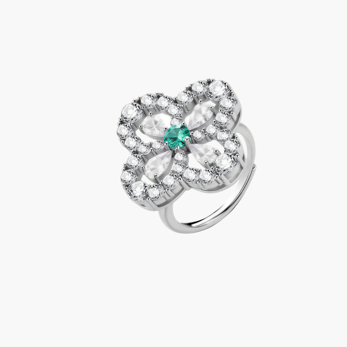 Sterling silver adjustable ring featuring four-leaf clover design with green center moissanite and clear accent stones