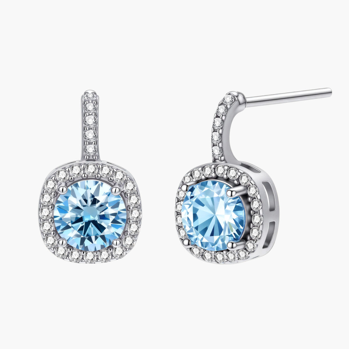 Sterling silver drop earrings featuring cushion-cut blue moissanite stones surrounded by sparkling halo settings