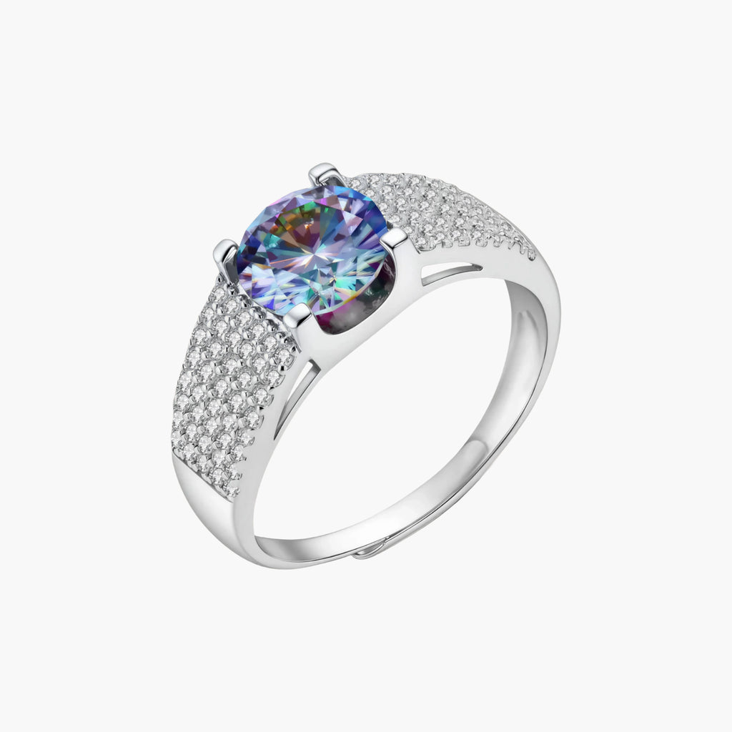 Sterling silver adjustable ring with brilliant round moissanite center stone and pavé diamond band showing rainbow fire