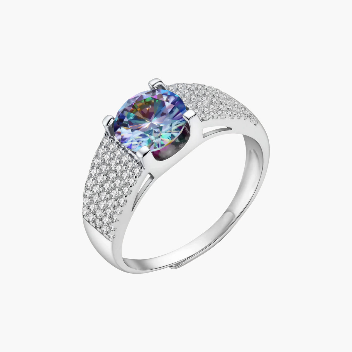 Sterling silver adjustable ring with brilliant round moissanite center stone and pavé diamond band showing rainbow fire