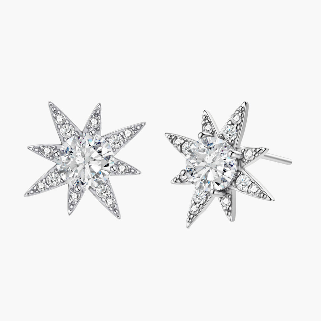Sterling silver star-shaped stud earrings with brilliant moissanite center stones and pavé details on neutral background.