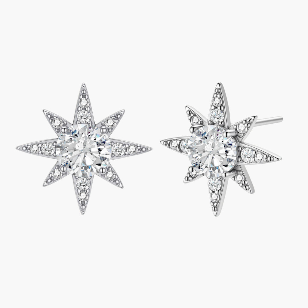 Sterling silver star-shaped stud earrings with brilliant moissanite center stones and pavé details on neutral background.