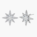 Sterling silver star-shaped stud earrings with brilliant moissanite center stones and pavé details on neutral background.